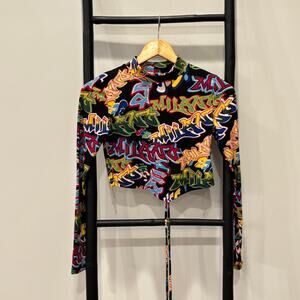 Y2K Graffiti Print Long Sleeve Crop Top - Just Polly NY - Streetwear Clubwear M